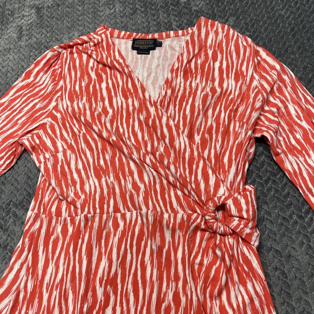 Pendelton Woman's L Petite Breezeway Faux Wrap Dress Soft Stretch Orange White - Picture 3 of 11